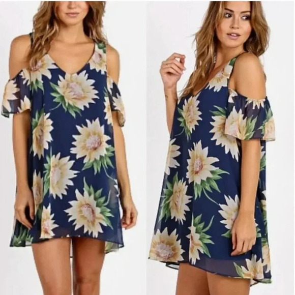 Show Me Your Mumu Birdie Dress Mini Ruffle Sunflower Floral Navy Blue M Medium - Picture 1 of 7